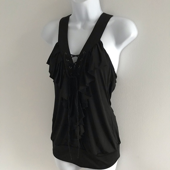 NWOT XOXO Black Roped Criss Cross Ruffled Women’s Tank Top - Picture 6 of 11